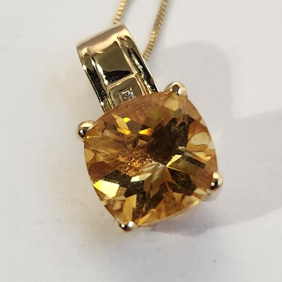 VTG Estate Older 14K Solid Gold Citrine & Diamond Open Bail Pendant & Chain - Picture 4 of 13